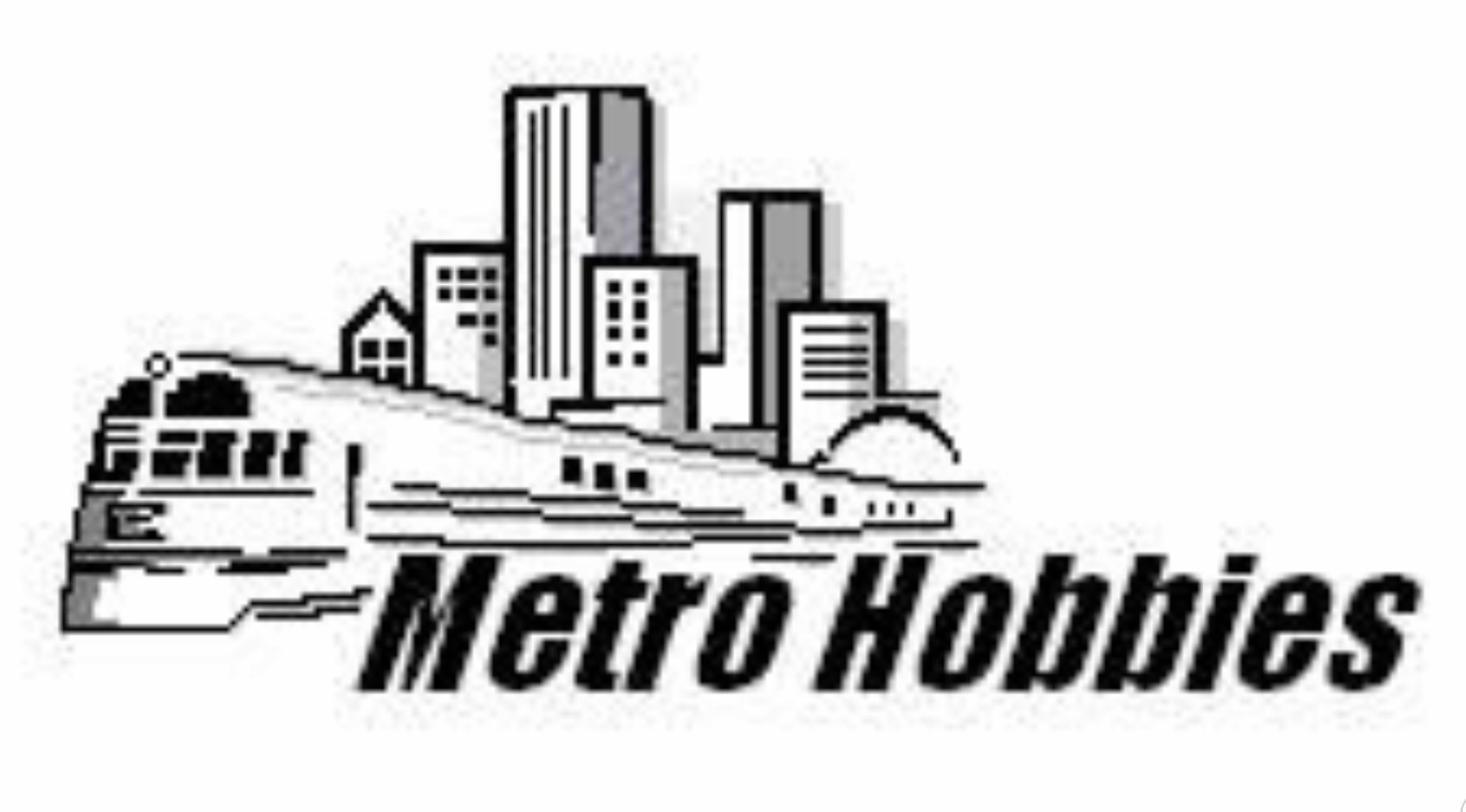 Official logo of Metro Hobbies. A Streamlined Zephyr train set passes in front of several high rises with “Metro Hobbies” in speed lettering below.